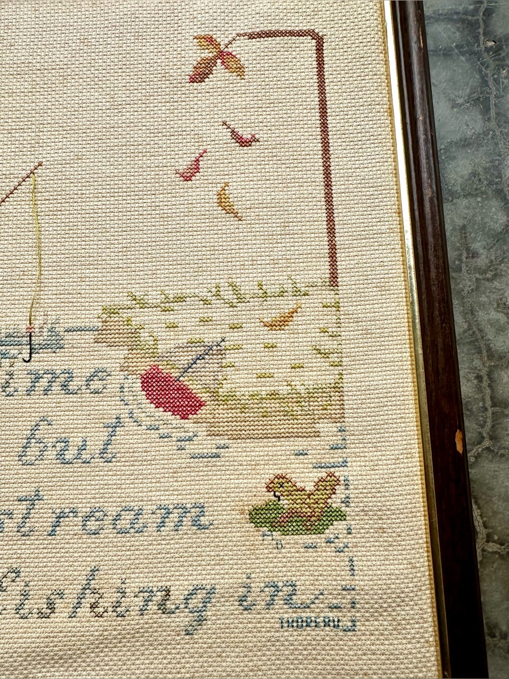 Vtg Framed Handmade Counted Cross-Stitch "Time Is But the stream I go a-fishing" - Picture 5 of 7